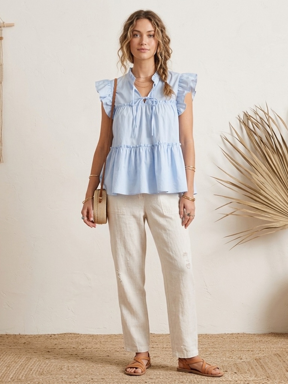 Marc New York Light Blue Ruffle Tiered Babydoll Blouse Top L